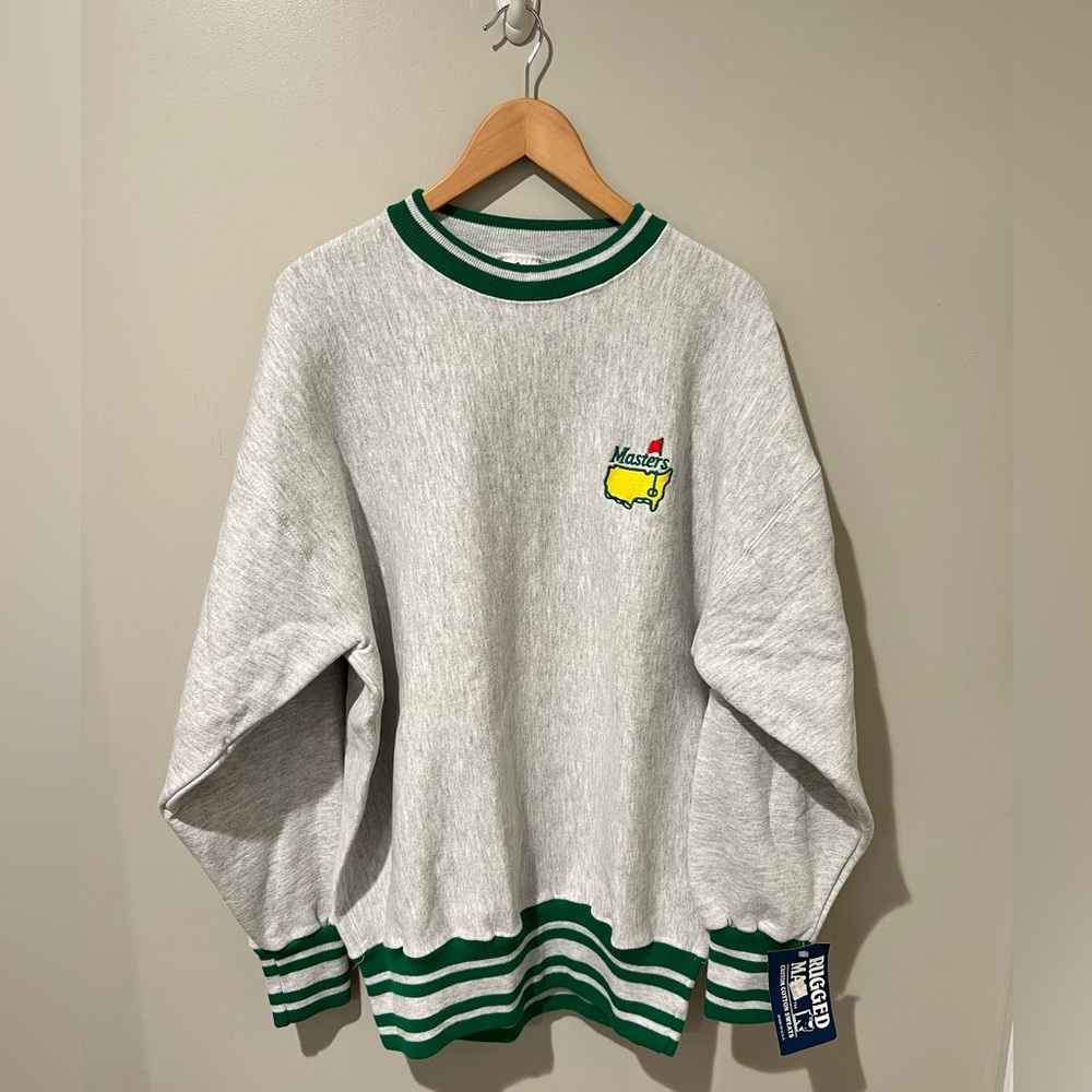 Masters Light Gray Crewneck Sweater with Green Trim and Yellow Logo
